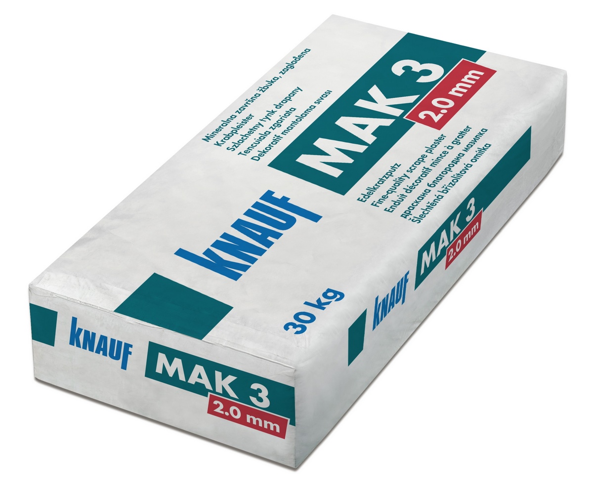Knauf Mak3 2.0mm white 30kg two-layer scratch coat plaster. Marble grain