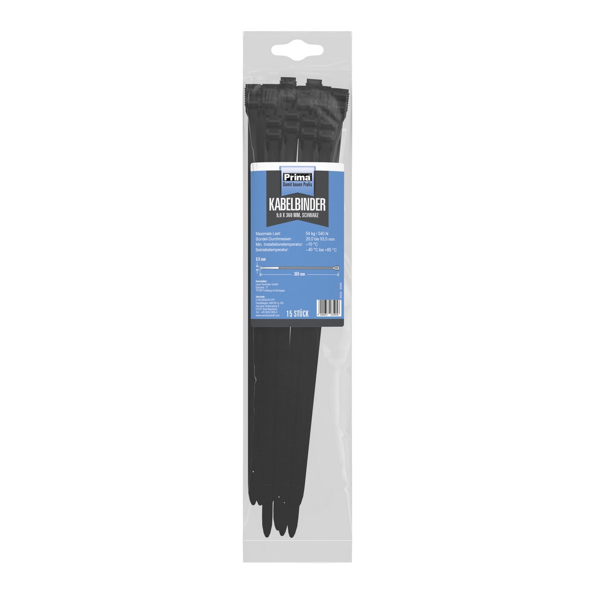 Prima cable ties 9x360mm black extra strong 15 pieces per pack