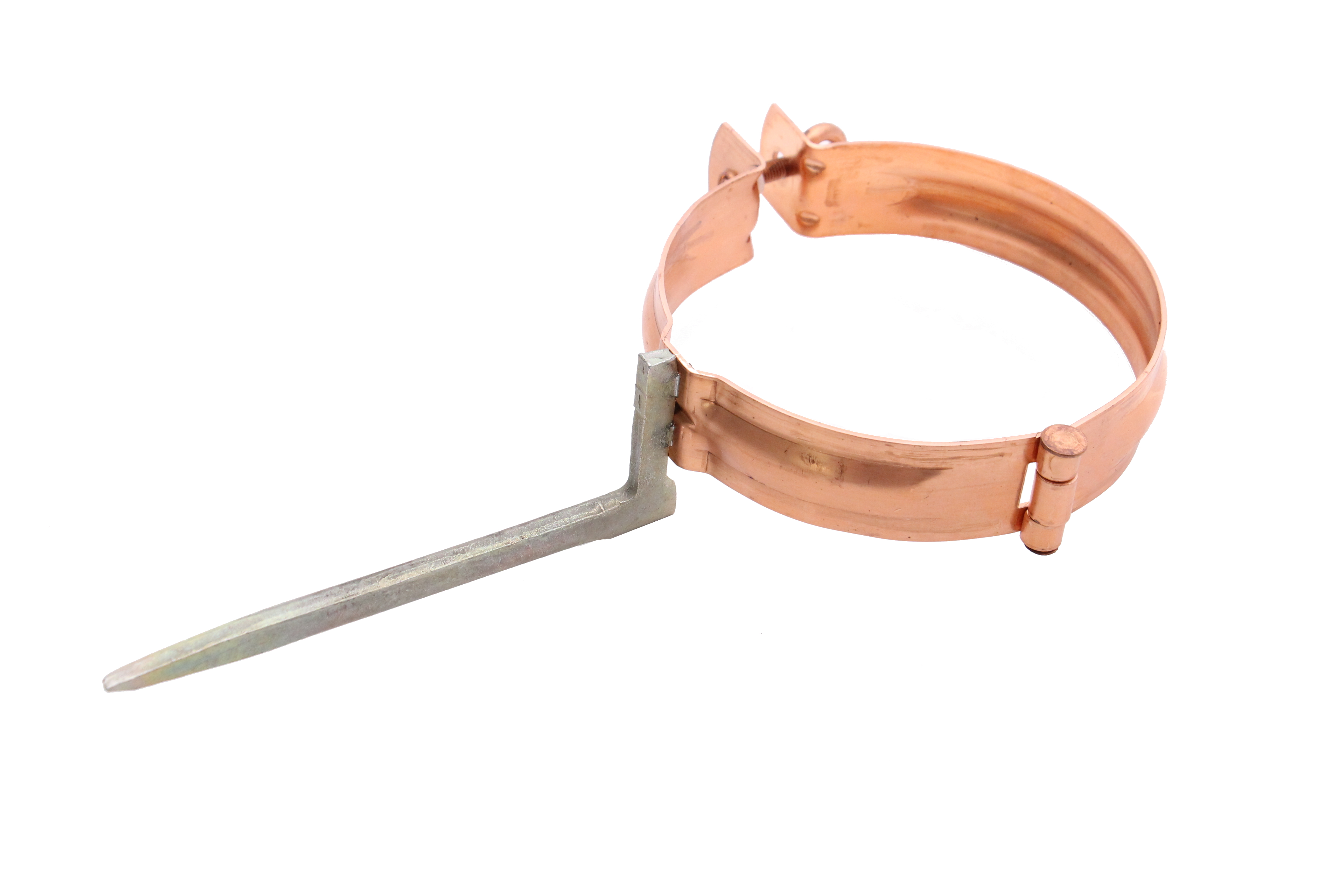LEH CU Drain pipe clamp DN60mm w. pin 150mm for hammering in
