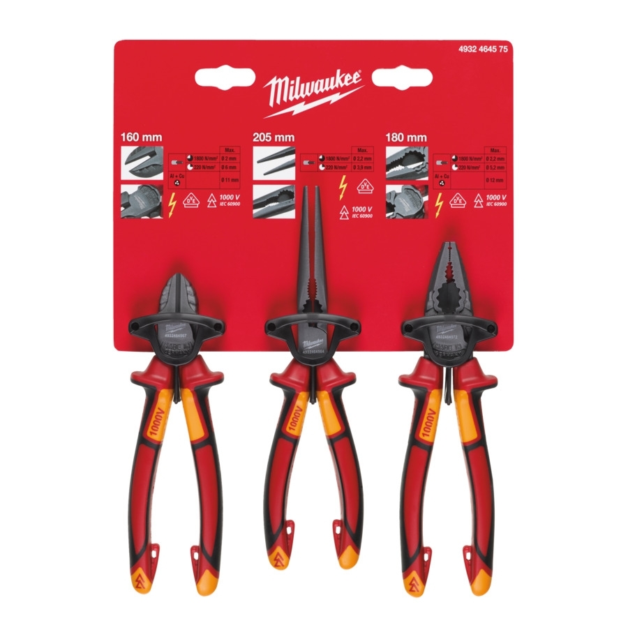 Milwaukee pliers set VDE-tested 3-piece side cutter, round nose pliers and combination pliers