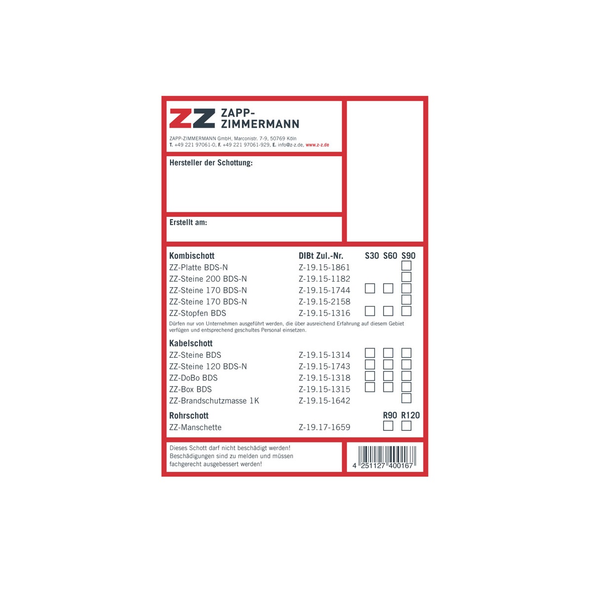 ZZ Kennzeichnungsschild AbZ Systeme f. ZZ-Systeme m. allg. bauauf. Zulassung