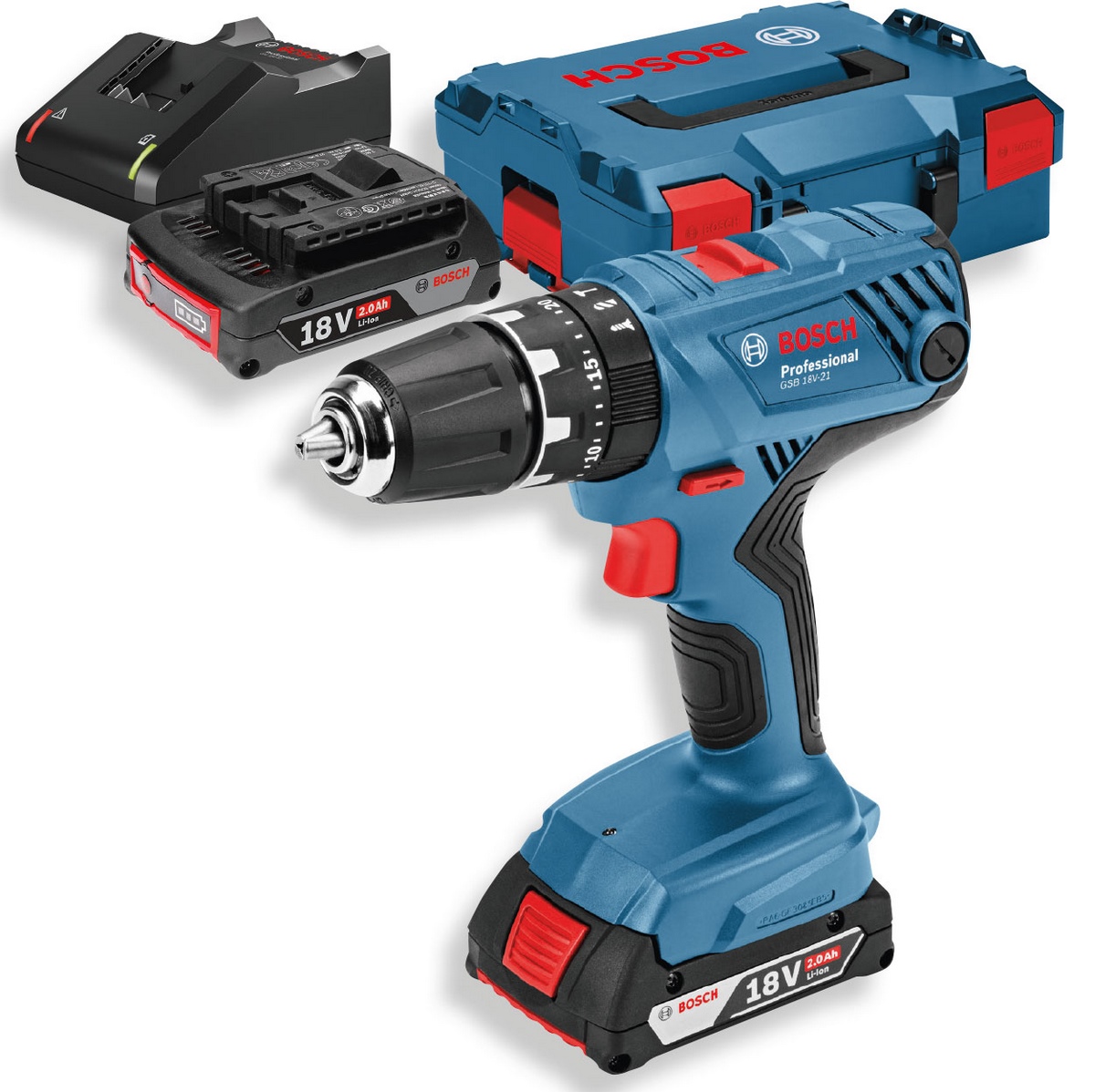 Bosch GSR 18V-21 Professional cordless drill driver 2x2.0Ah in L-BOXX