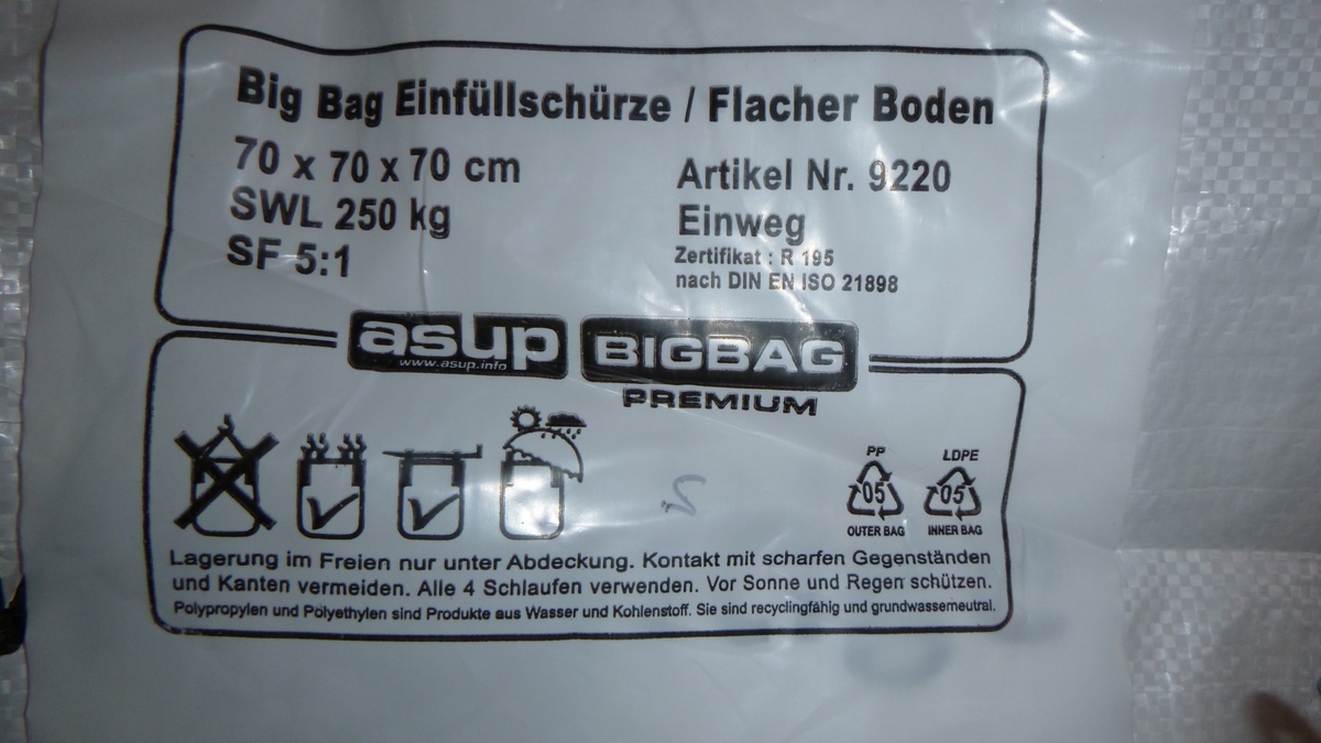 Entsorgungssack für Mineralfaserplatten 70x70x70cm beschichtet mit 4 Schlaufen