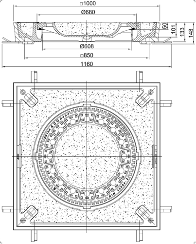 Manhole cover class D square LW610 w.L. cast iron/BEGU, 850x850, w.PEWEPREN insert