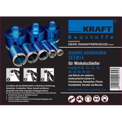 Diewe diamond core bit set M14 8-pcs. "KRAFT Edition" Ø 20-68mm for angular impact.