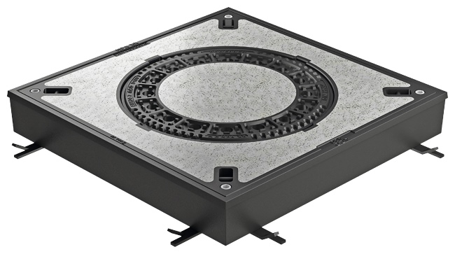 Manhole cover class D square LW610 w.L. cast iron/BEGU, 850x850, w.PEWEPREN insert