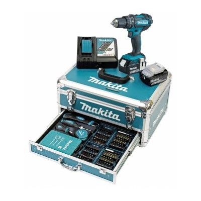 Makita Akku-Schlagbohrschrauber 18V DHP482RFX9 2x 3Ah Akku + 96-tlg Zubehör