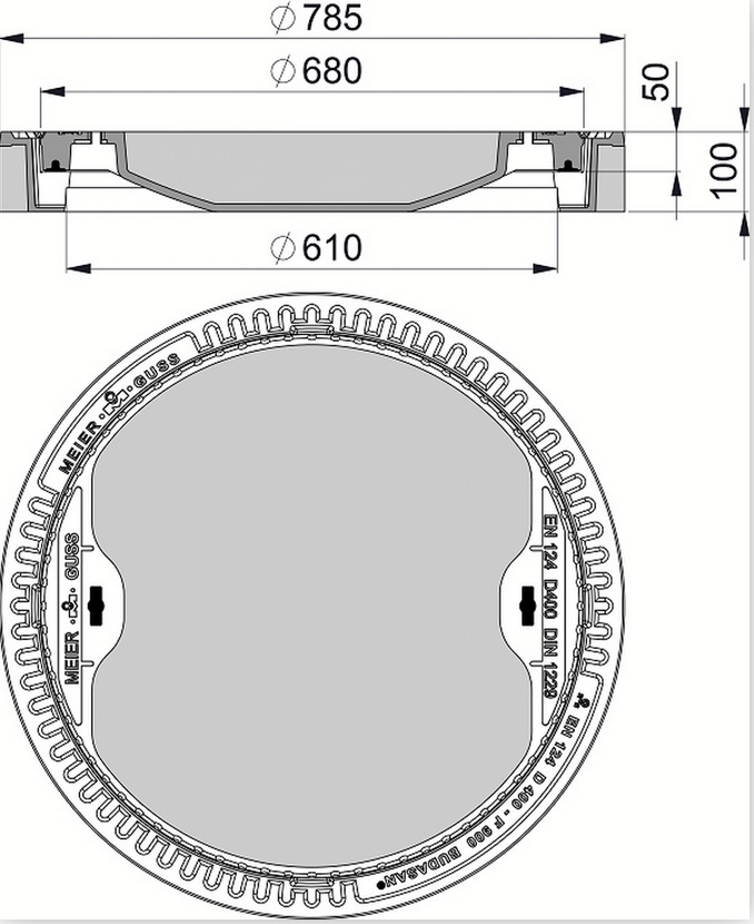 Manhole cover concrete-cast class D400 round 610mm renovation frame 10cm w. ventilation