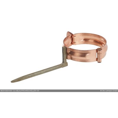 LEH CU Drain pipe clamp DN100mm w. pin 150mm for hammering in