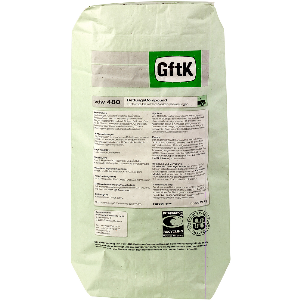 Gftk vdw 480 bedding compound cement grey 25kg