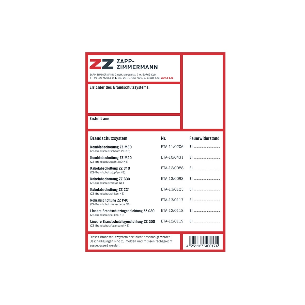 ZZ Kennzeichnungsschild ETA Systeme f. ZZ-Systeme m. Europ. techn. Zulassung