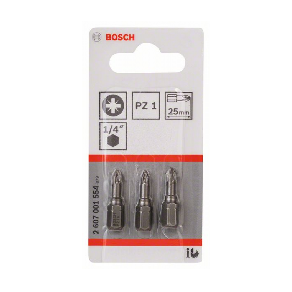 Bosch screwdriver bit extra-hard 3-pack PZ1 25mm 1/4"" external hexagonal shank