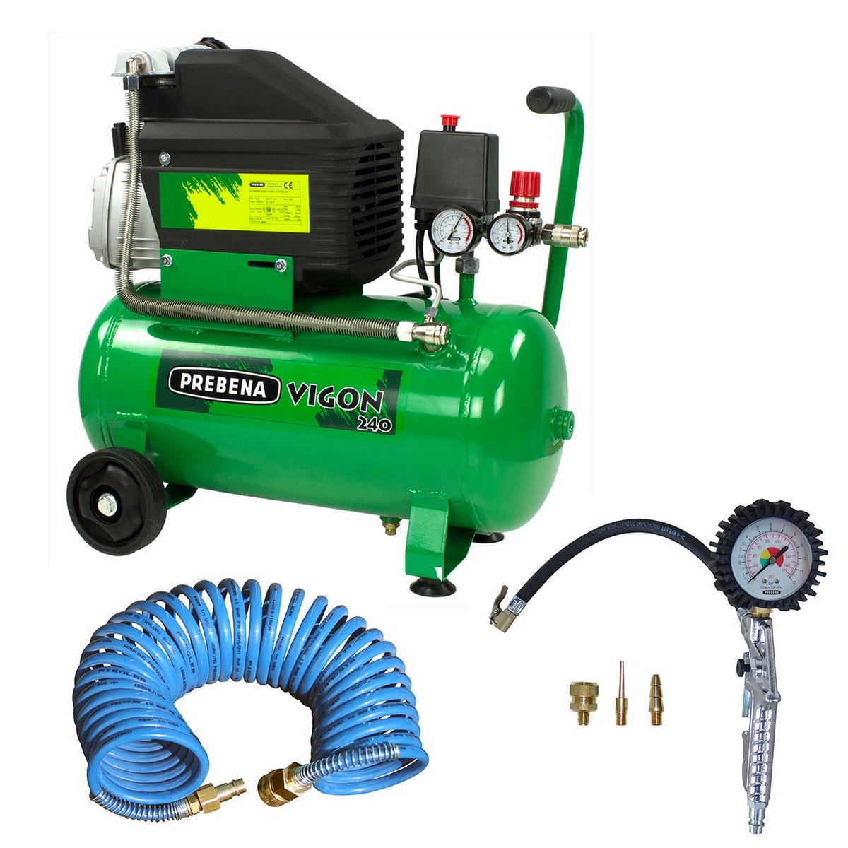 Prebena compressor VIGON 240 incl. spiral hose, blow-out, tyre inflator