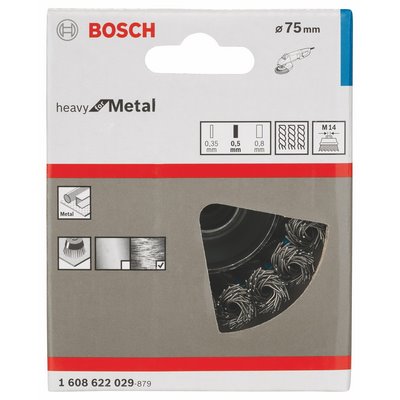 Bosch cup brush 0.5mm M14 crimped wire Ø75mm
