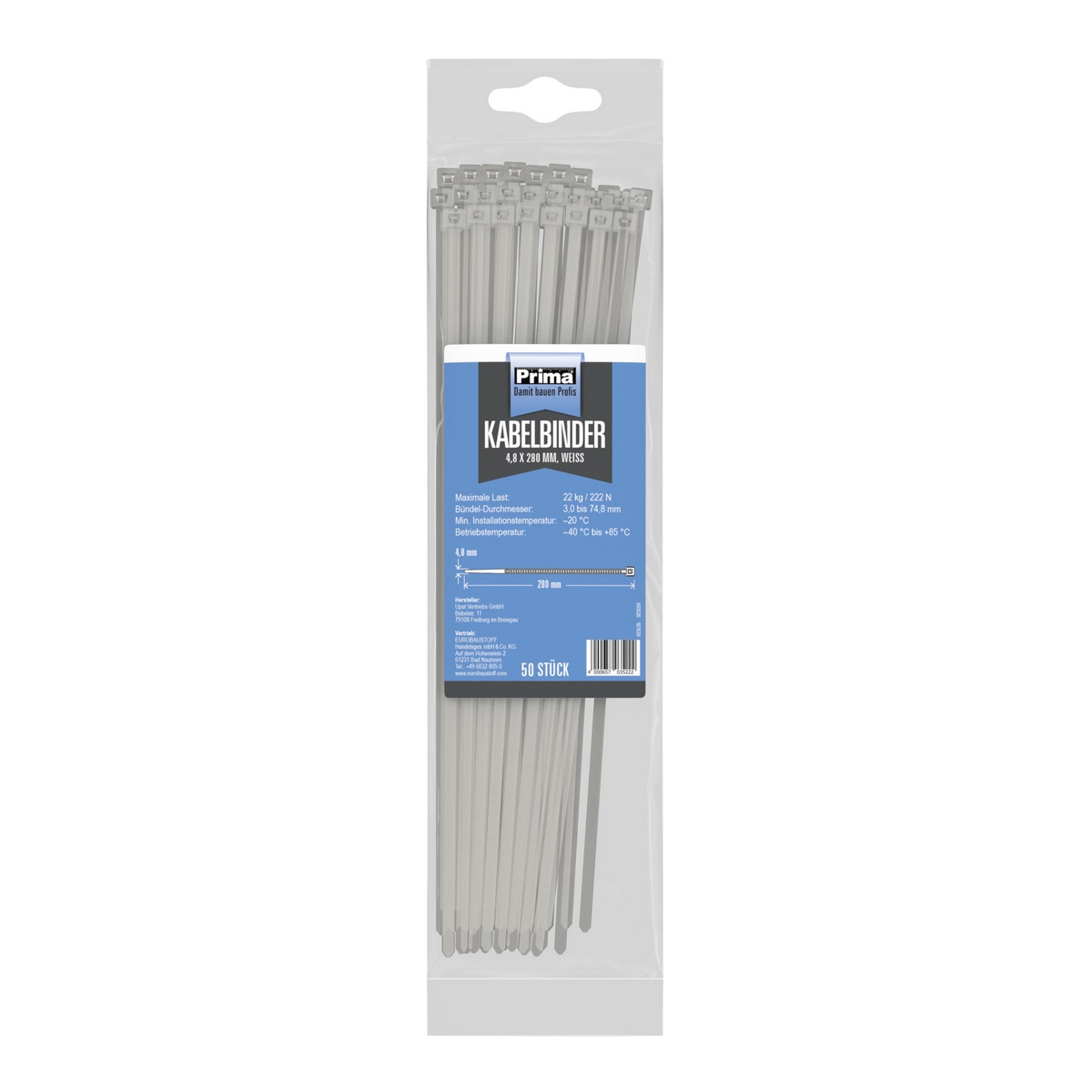 Prima cable ties 4.8x280mm white 50 pieces per pack