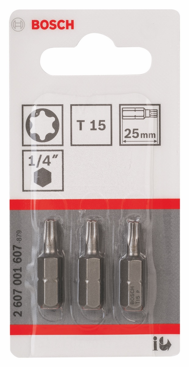 Bosch screwdriver bit extra-hard 3-pack T15 25mm 1/4"" external hexagon shank