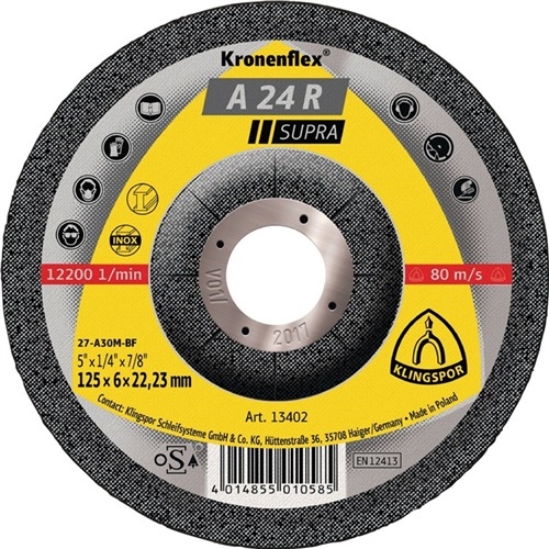 Grinding disc A 24 R Supra D125xS6mm kr.STA Bohr.22.23mm KLINGSPOR