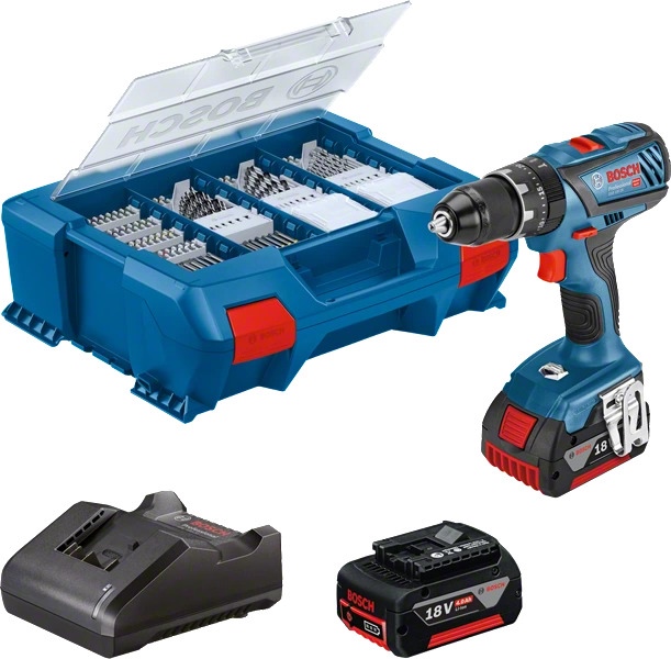 Akumulatorowa wiertarko-wkrętarka Bosch GSB 18V-28 z 82-częściowym zestawem akcesoriów 2x4Ah