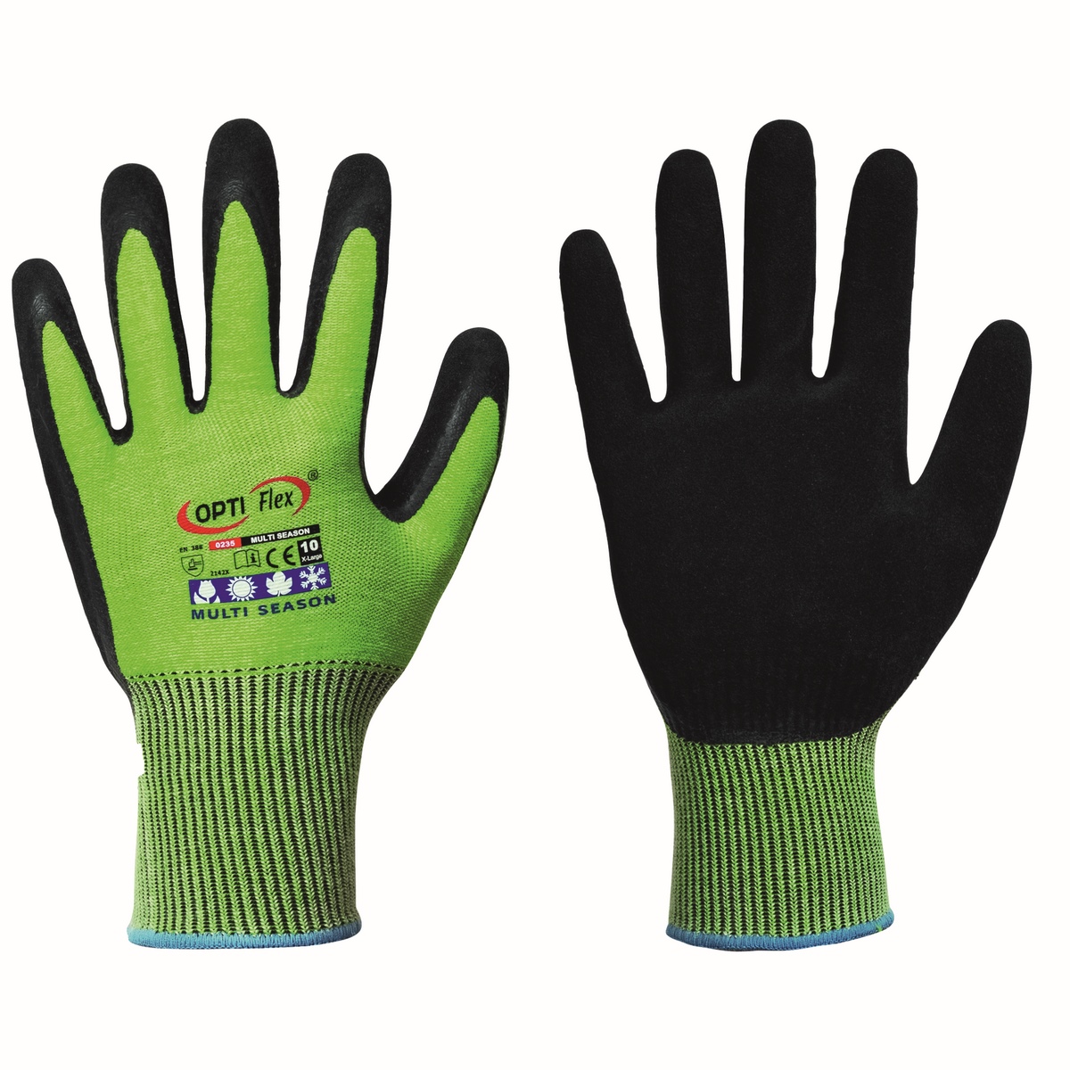 MULTI SEASON OPTI FLEX® Handschuhe Latex gesandet schwarz/neon-grün Gr. 11