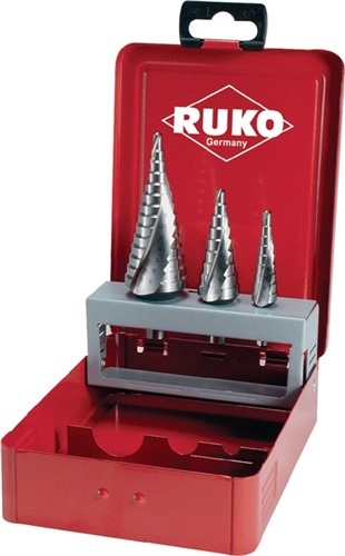 Zestaw wierteł stopniowych D.4-12/4-20/4-30mm HSS- Co5 spiralny rowek 3szt. metalowa walizka RUKO