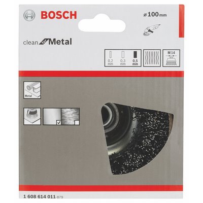 Bosch cup brush 0.5mm M14 crimped wire Ø100mm