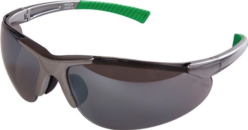 Schutzbrille DAYLIGHT EN 166-1FT Bügel grün.Scheiben dunkelgrau.verspiegelt PC