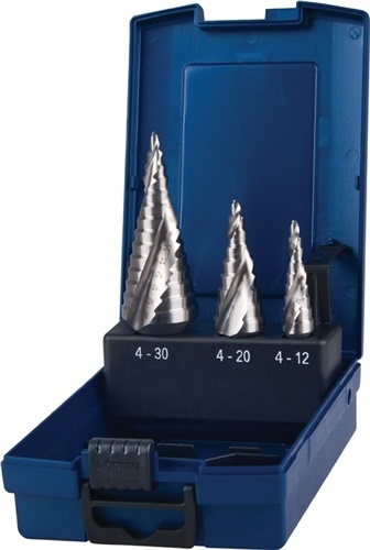 Multi-stage drill bit set D.4-12/4-20/4-30mm HSS spiral flute 3-piece cartridge