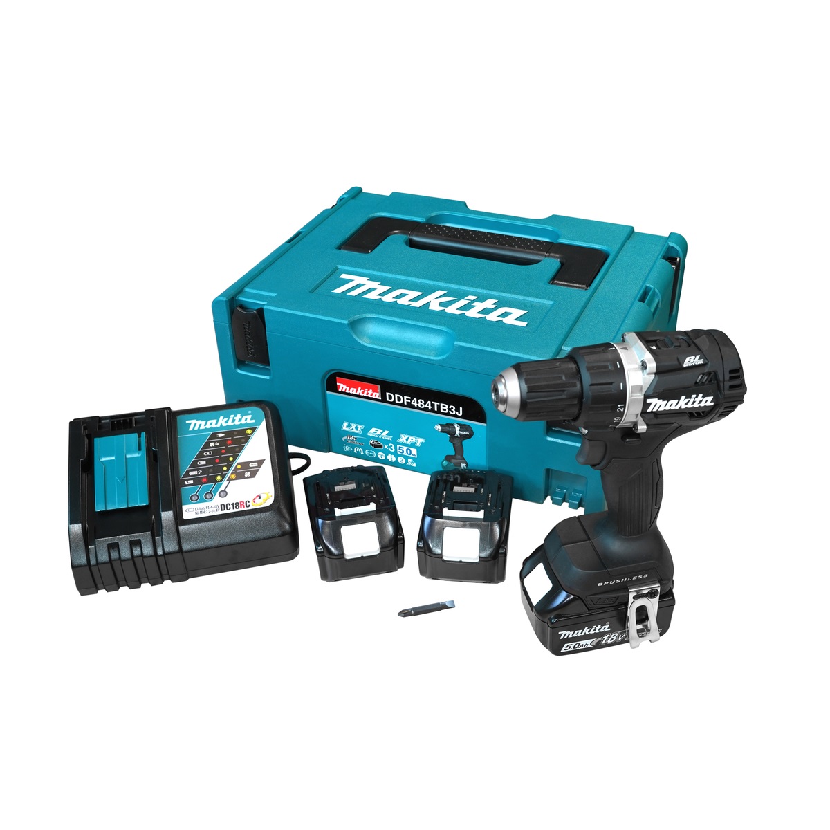 Makita cordless drill driver DDF484TB3J 18V 3x5Ah battery + charger in MAKPAC