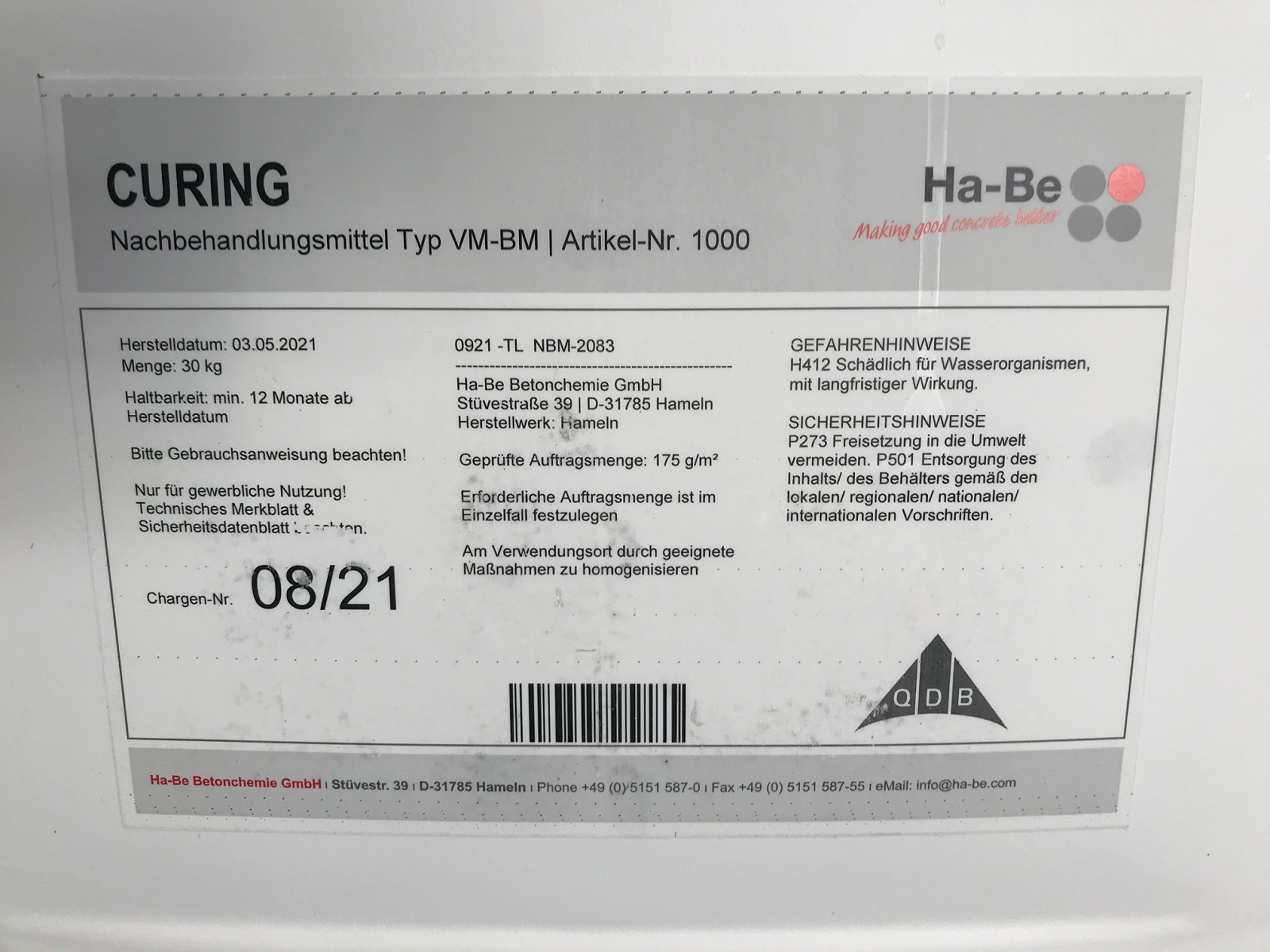 CURING after-treatment agent type VM & BM evaporation protection 30 litre can